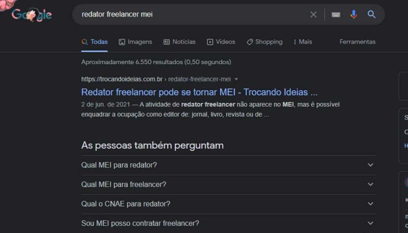 Texto do Trocando Ideias sobre  enquandramento do redator freelancer no MEI que ranqueou em 1º lugar no Google com as palavras-chave redator freelancer mei